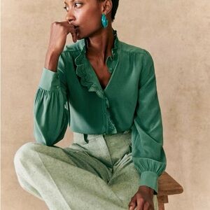 Sezane Green Silk Chlo Blouse Top Shirt